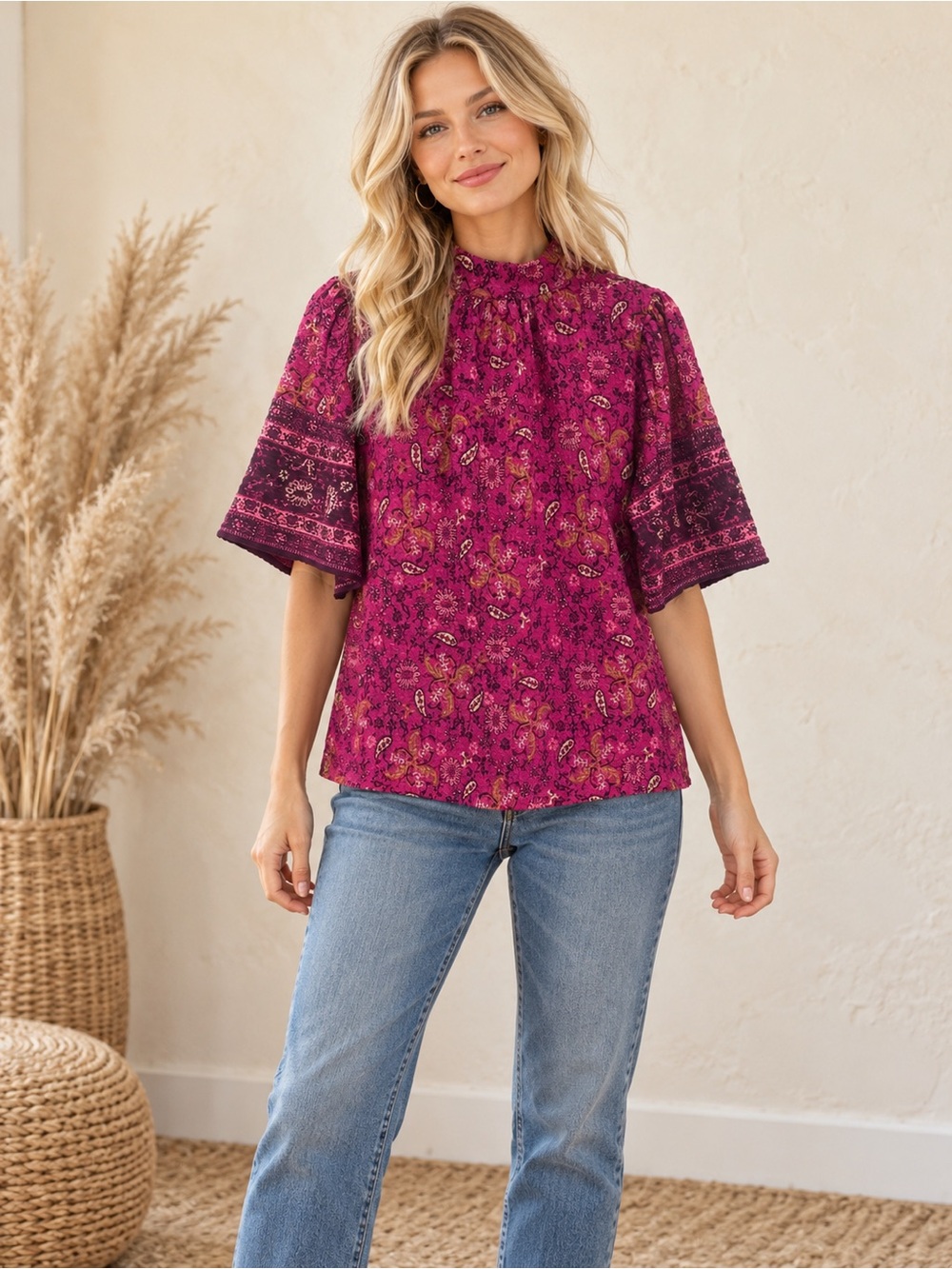 Vintage Handmade Boho Floral Blouse in Magenta